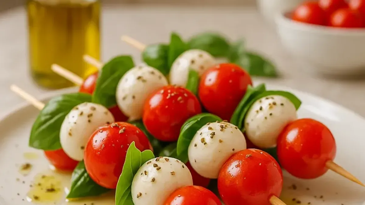 Easy Caprese Skewers with Cherry Tomatoes, Mozzarella, and Fresh Basil