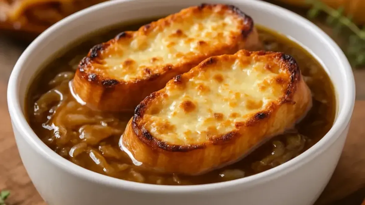 Easy & Classic French Onion Soup with Cheesy Croutons