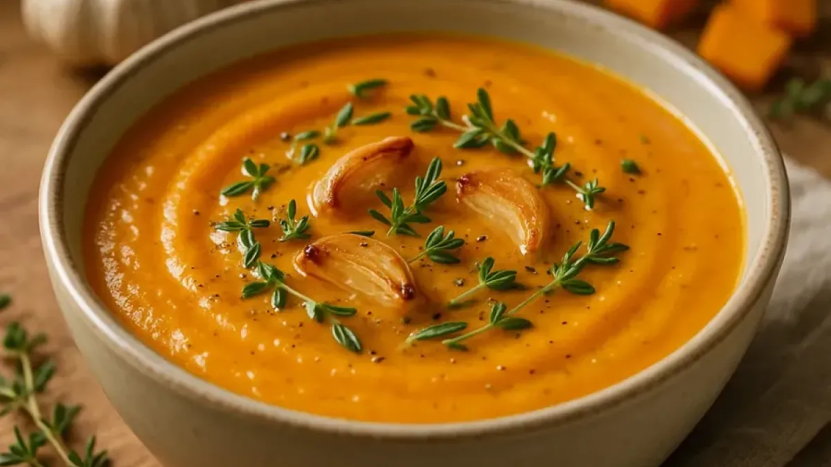 Creamy Pumpkin Soup with Roasted Garlic and Fresh Herbs for Cozy Autumn Evenings