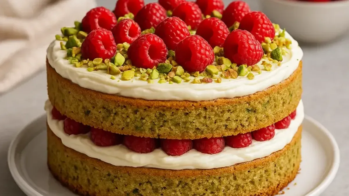 Pistachio Raspberry Layer Cake with Mascarpone Cream