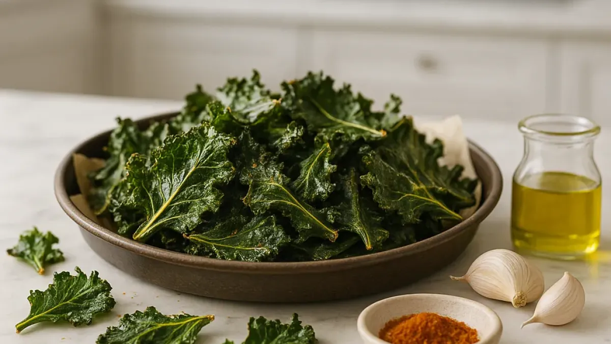 Crispy broccoli leaf vegetable chips baked at home for a healthy snack