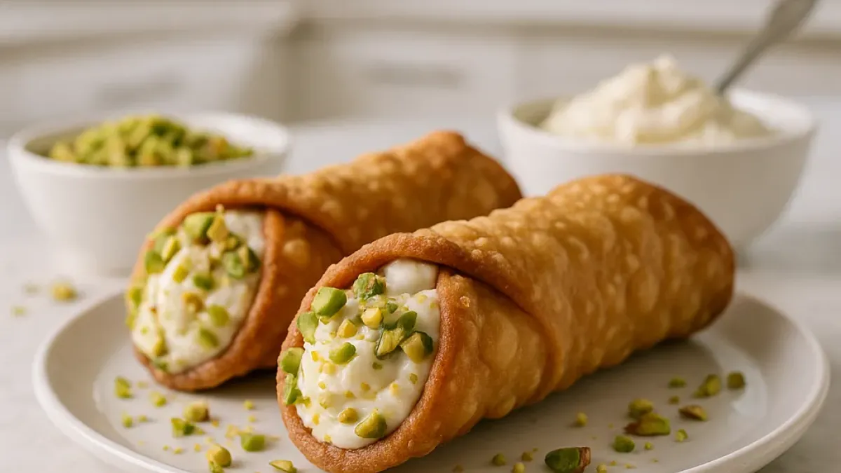 Sicilian pistachio cannoli filled with creamy ricotta delight