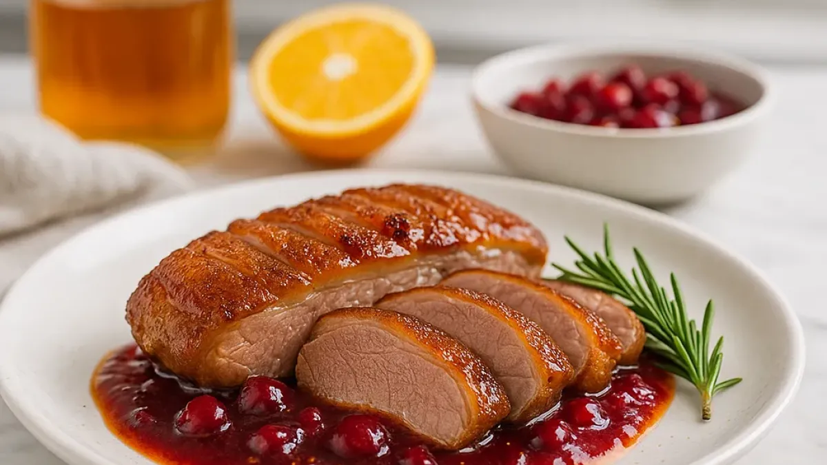 Honey-glazed duck breast with cranberry orange sauce for festive dinner