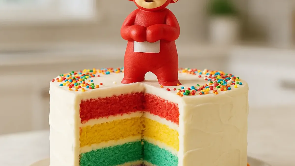 Teletubbies birthday cake recipe with colorful layers and topping