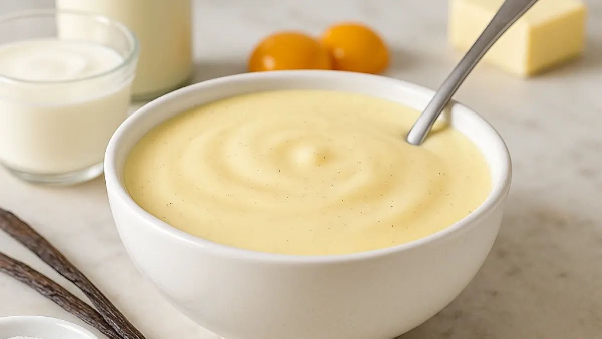 Silky homemade vanilla sauce recipe for desserts and puddings