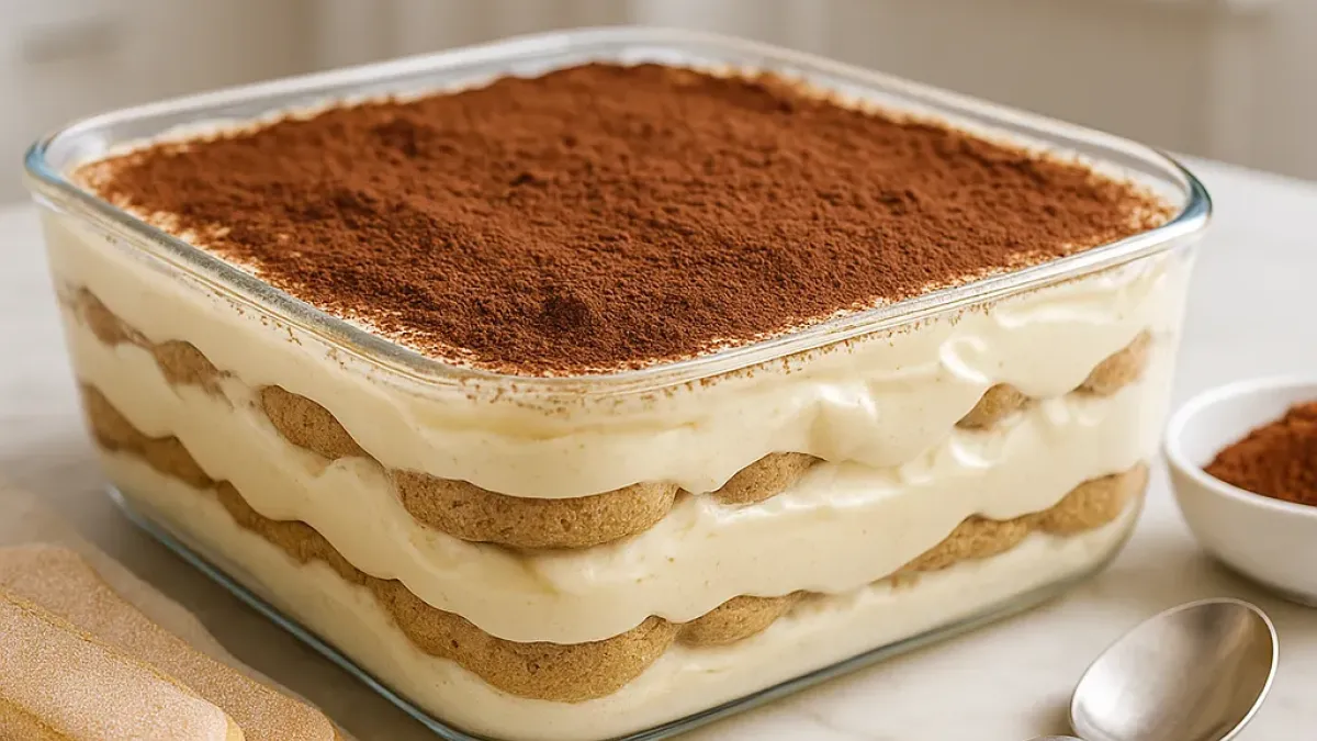 Family-style alcohol-free tiramisu with layered mascarpone and cocoa top, ideal for shared dessert serving