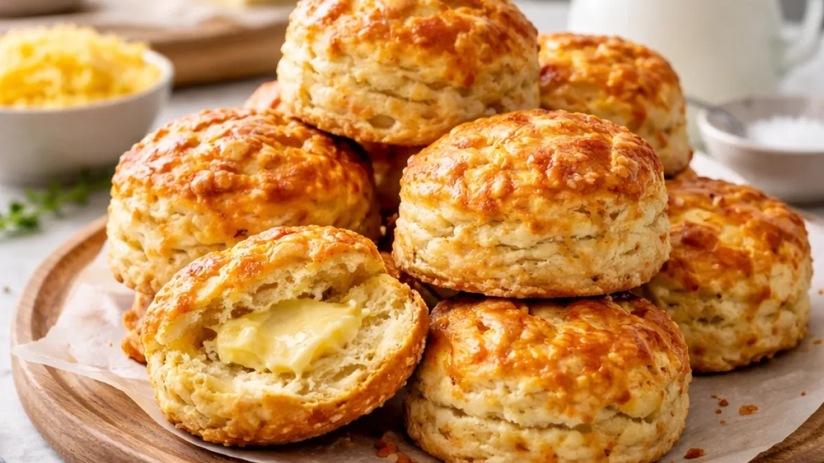 Golden cheese scone recipe scones with flaky crumb on marble counter, one freshly cut.