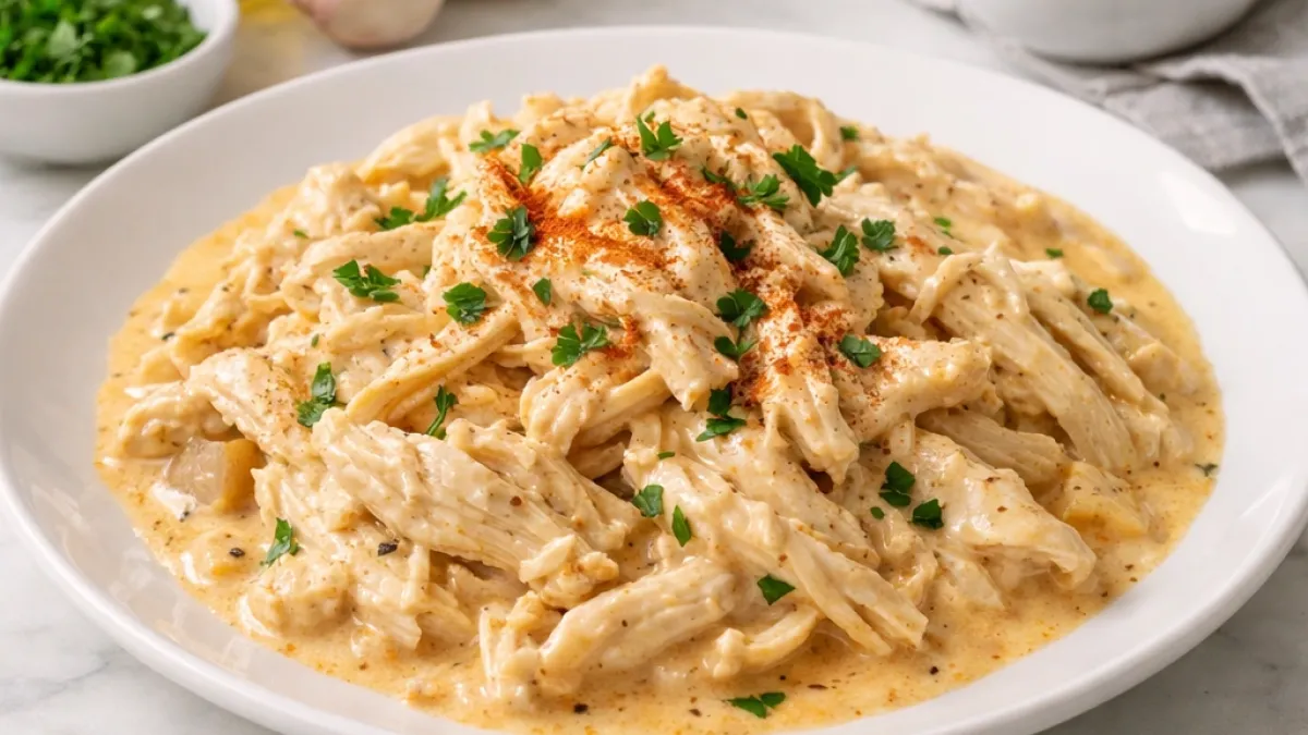 Creamy Shredded Chicken in Sauce served hot, with tender strands coated in a silky, rich sauce