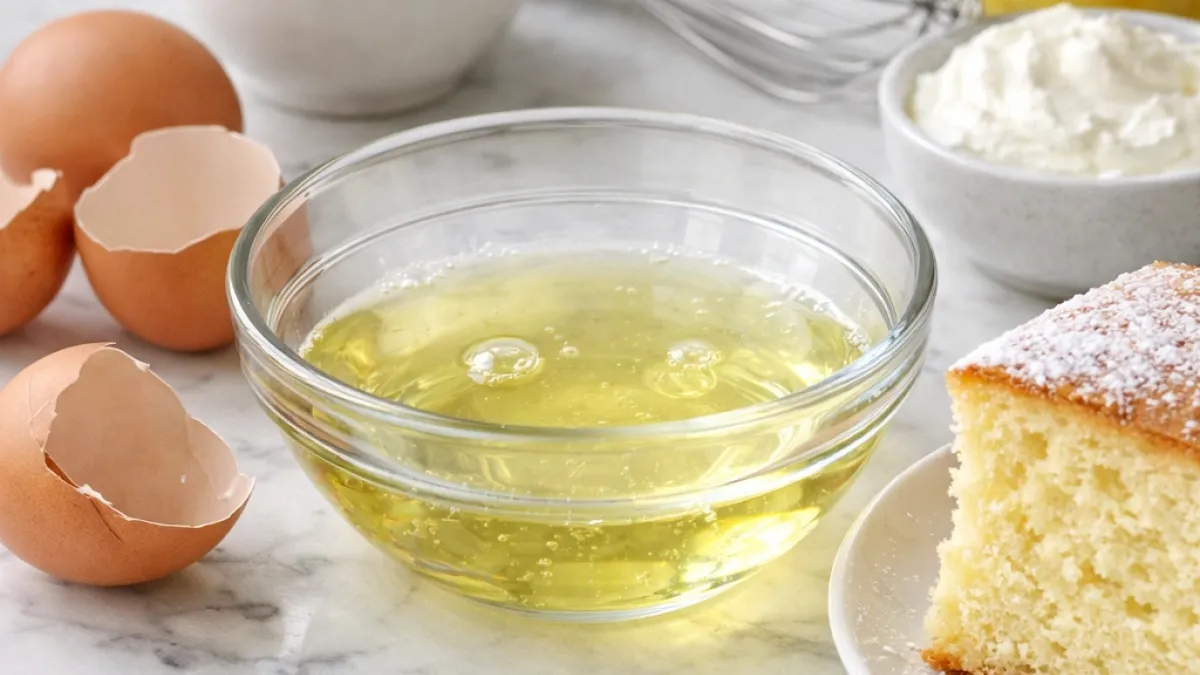 Glossy egg white in a glass bowl on marble, showing texture and weight accuracy for baking precision