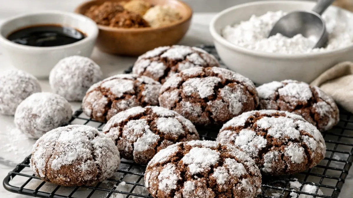 Gingerbread Crinkle Cookies with cracked sugar crust and soft centers on marble, freshly baked