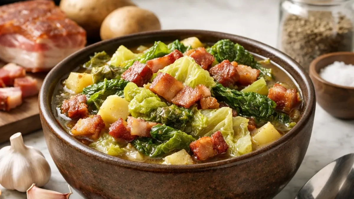 Hearty Savoy Cabbage and Bacon Stew with silky cabbage, crisp bacon, served hot on marble surface