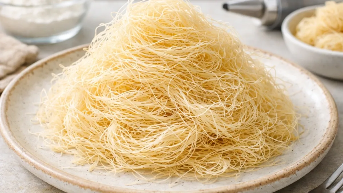 Homemade Kataifi Dough with fine, crisp threads piled loose, ready for shaping pastries