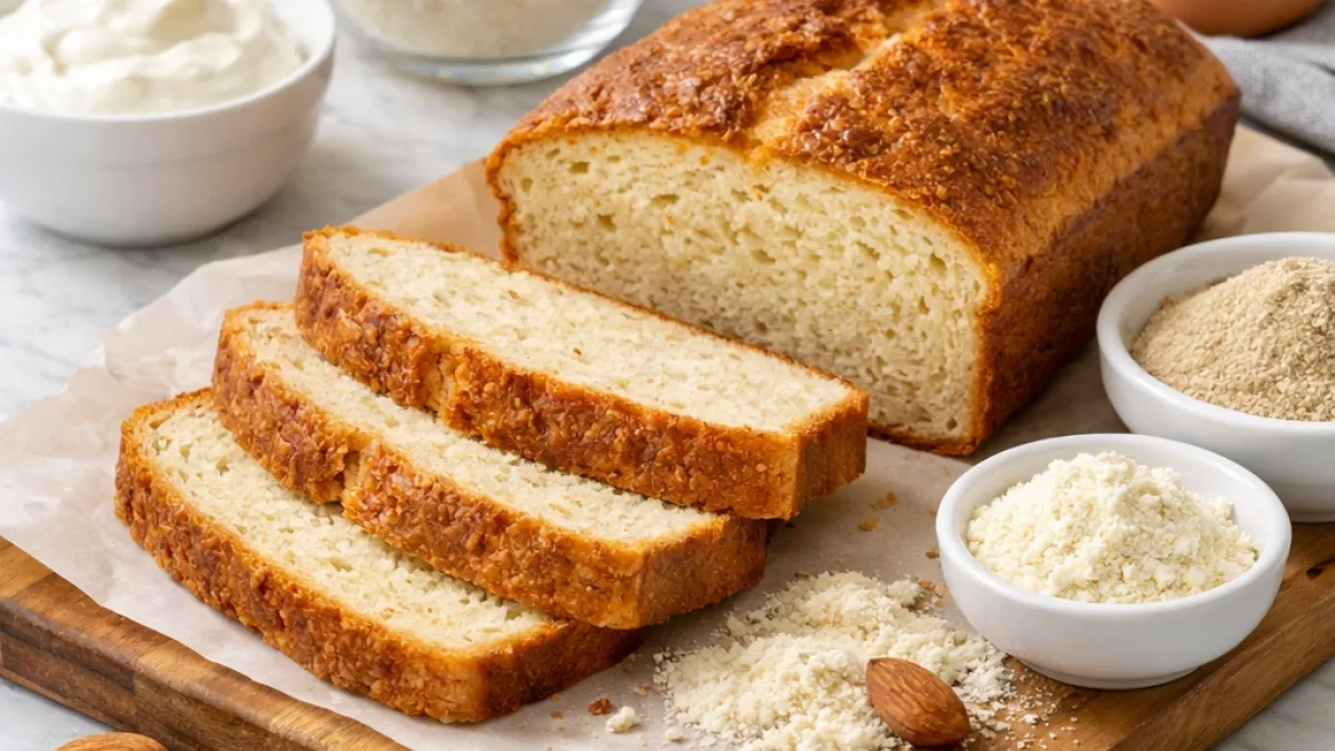 Low-Carb Almond Flour Protein Bread with a soft, moist crumb, sliced and served fresh on a light marble surface.