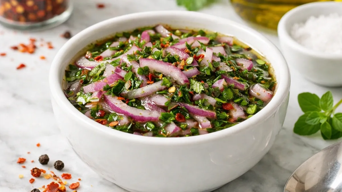 Salsa criolla with fresh herbs served chilled, glossy and vibrant, ready to brighten grilled meats