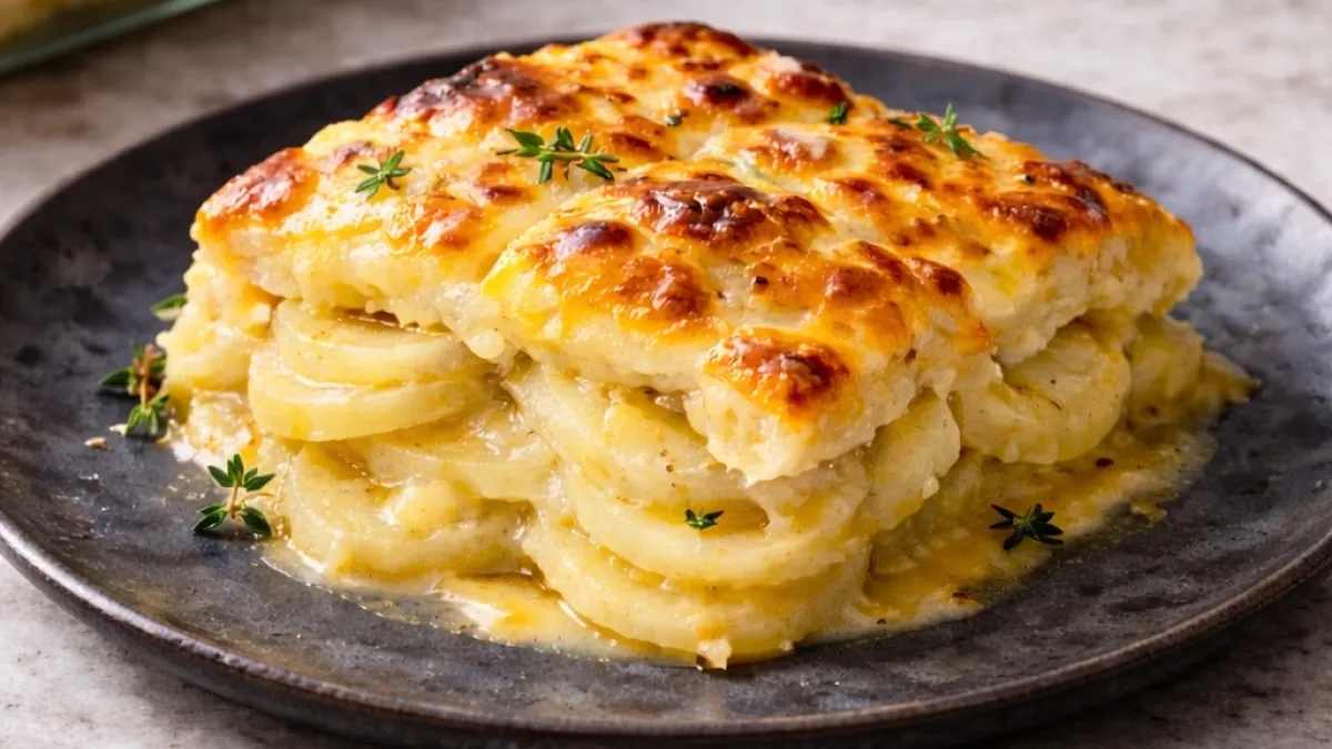 Creamy cheesy potato bake with golden crust and layered texture for dinner