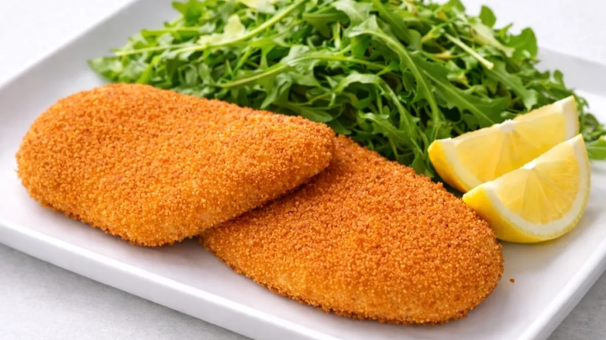 Crispy Chicken Milanese with lemon and arugula, plated for a balanced lunch meal