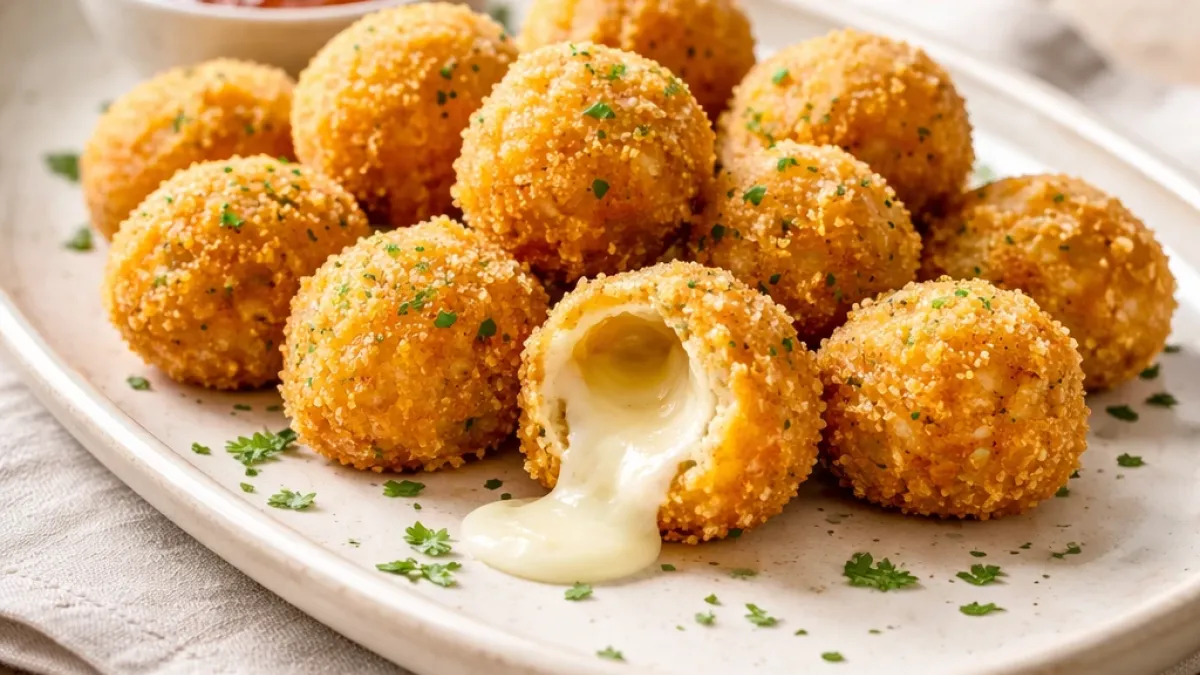 Crispy mozzarella balls with a molten center on an oval plate, ideal for serving as a shared appetizer