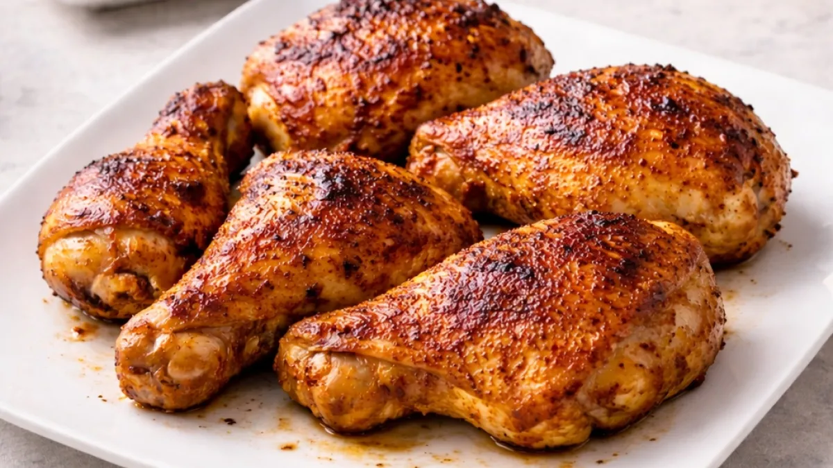 Oven-roasted yogurt-marinated chicken with crisp golden skin, ready for family dinner
