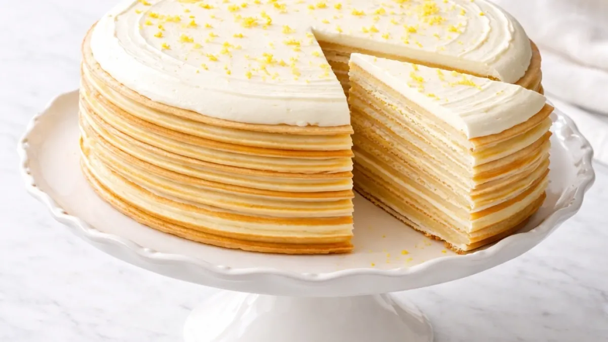 Pancake cake with cream filling showing clean layers for stable slicing