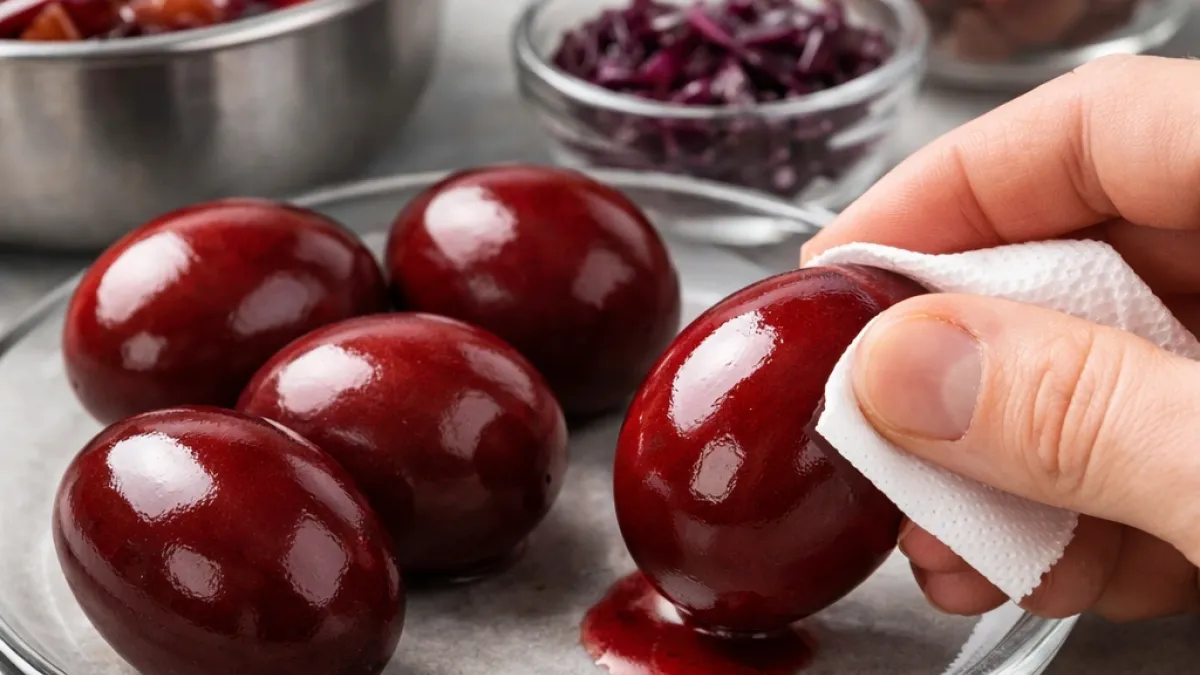 Deep-colored Easter eggs with glossy shell being polished for smooth festive presentation