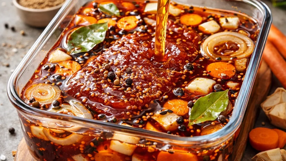 Gluten-free Sauerbraten marinade with vinegar and spices poured over beef for tenderizing