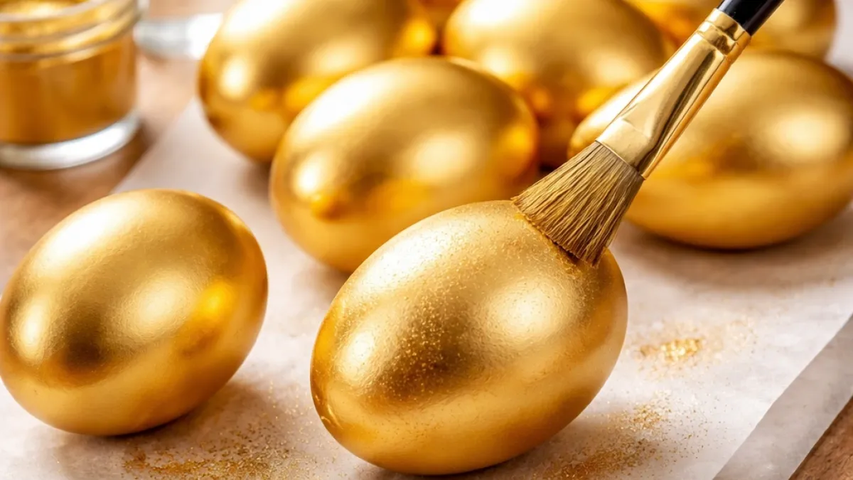 Golden Easter eggs with smooth metallic shine being brushed evenly for a flawless finish