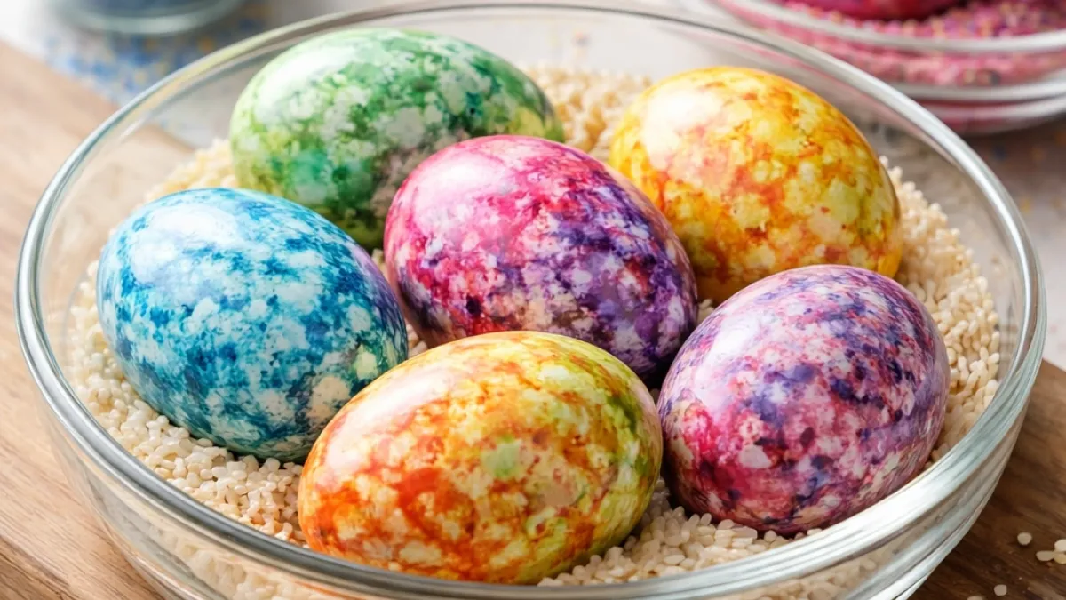 Marbled Easter eggs rolled in dyed rice creating textured patterns for festive decorating