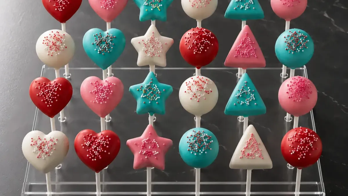Colorful molded cake pops with smooth firm coating, straight sticks and clean supported bases