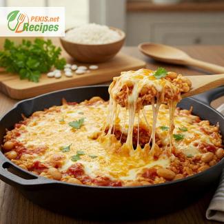 Sartén de arroz y frijoles blancos con queso y alto contenido proteico