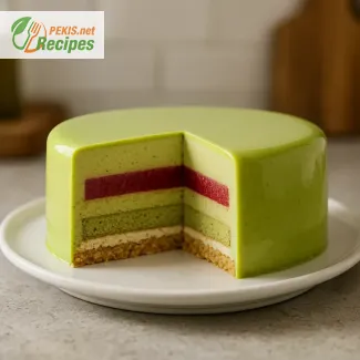 Pistacijev večplastni entremet – lahek mousse z zrcalno glazuro