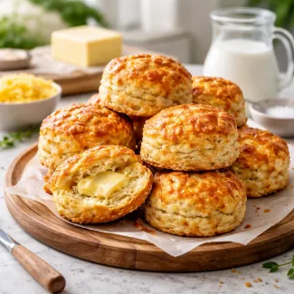 Golden cheese scone recipe scones with flaky crumb on marble counter, one freshly cut.