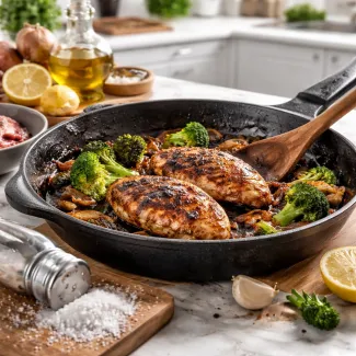Overcooked chicken with a dry crust in a cast-iron pan shows common cooking mistakes at home
