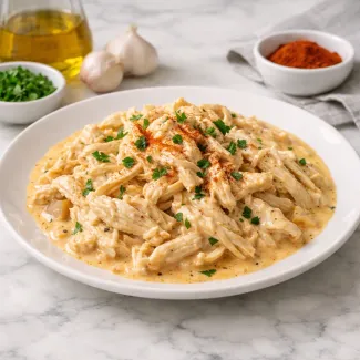Creamy Shredded Chicken in Sauce served hot, with tender strands coated in a silky, rich sauce