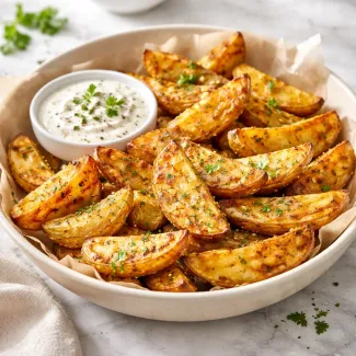 Crispy Air Fryer Potatoes Without Oil served hot, golden and crackly outside with a soft center