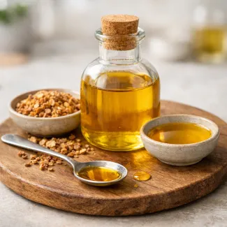 Hunza apricot oil with a silky finish, shown for precise drizzling on raw dishes.