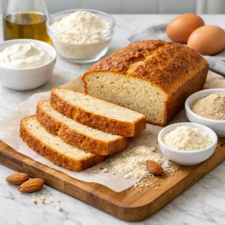 Low-Carb Almond Flour Protein Bread with a soft, moist crumb, sliced and served fresh on a light marble surface.