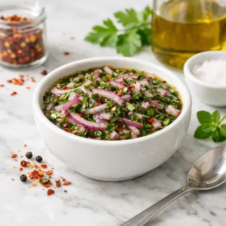 Salsa criolla with fresh herbs served chilled, glossy and vibrant, ready to brighten grilled meats