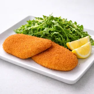 Crispy Chicken Milanese with lemon and arugula, plated for a balanced lunch meal