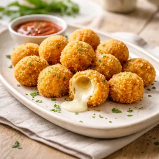 Crispy mozzarella balls with a molten center on an oval plate, ideal for serving as a shared appetizer
