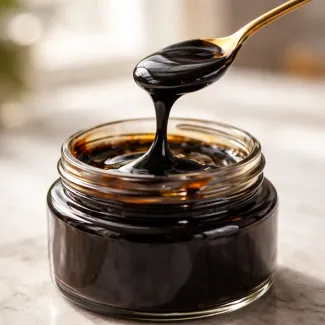 Silky salajeet resin dripping from a spoon into a glass jar, glossy, dense and calm.