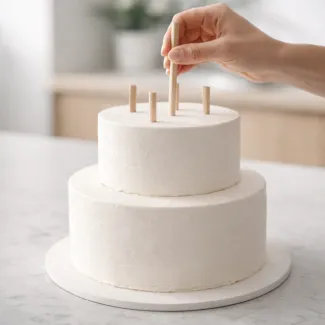 Two-tier cake with visible dowels inserted for stable wedding transport
