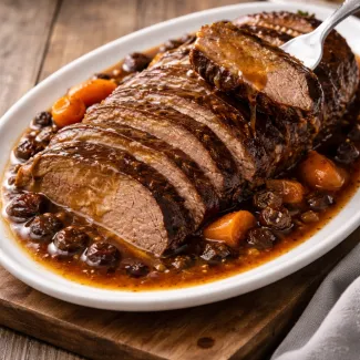 Authentic Sauerbraten pot roast sliced in rich vinegar gravy with carrots and raisins, showing tender braised texture