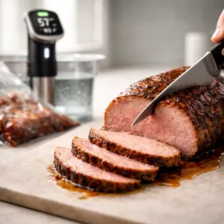 Sliced Sauerbraten roast reveals tender pink center and caramelized crust during carving, juices glistening.