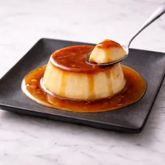 Crème caramel dessert with silky custard and flowing caramel sauce, showing smooth baked texture for elegant serving