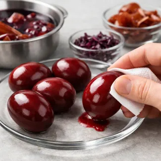 Deep-colored Easter eggs with glossy shell being polished for smooth festive presentation