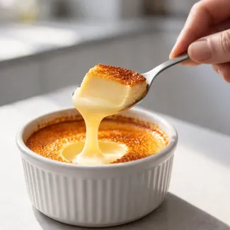French baked custard dessert with silky texture as a spoon lifts the creamy center from the caramelized surface