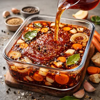 Gluten-free Sauerbraten marinade with vinegar and spices poured over beef for tenderizing