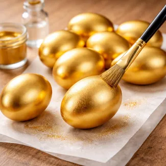 Golden Easter eggs with smooth metallic shine being brushed evenly for a flawless finish