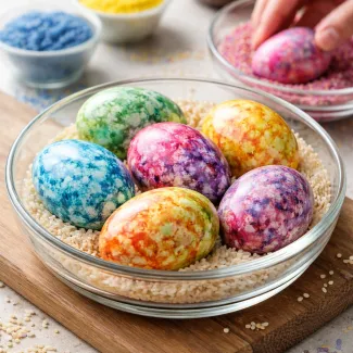 Marbled Easter eggs rolled in dyed rice creating textured patterns for festive decorating