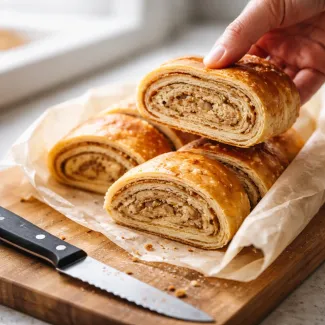 Soft moist potica slices being cut, layered walnut filling visible with fresh tender crumb